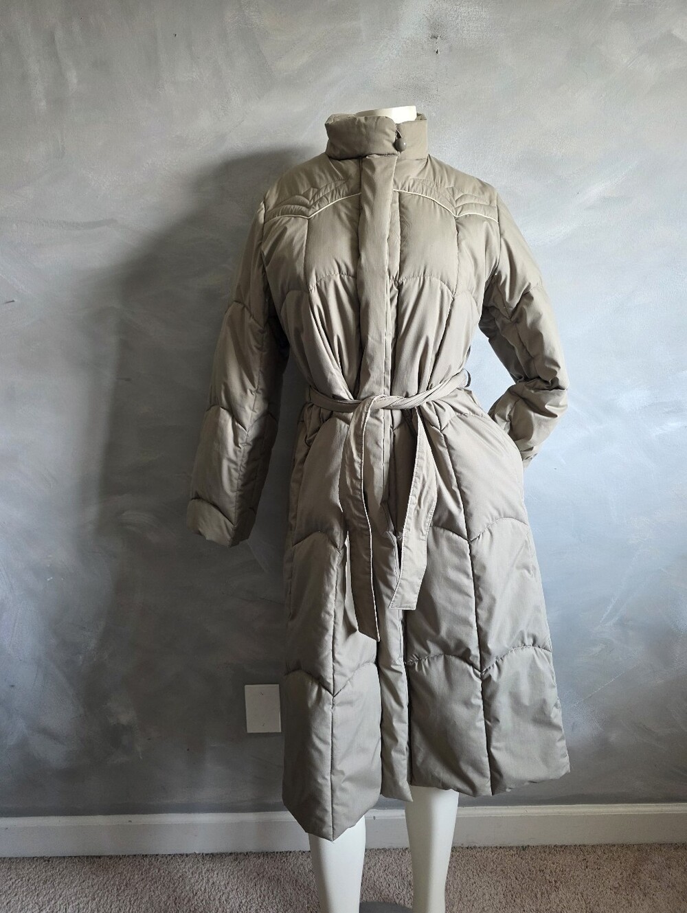 Vtg Nutmeg Down Long Puffer Coat Belted Western Style Yoke Womens 9/10 Mock